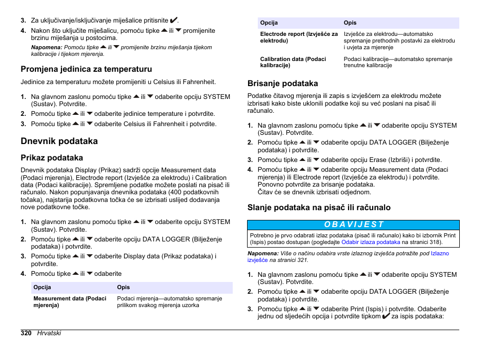 Promjena jedinica za temperaturu, Dnevnik podataka, Prikaz podataka | Brisanje podataka, Slanje podataka na pisač ili računalo | Hach-Lange SENSION+ EC71 User Manual | Page 320 / 362