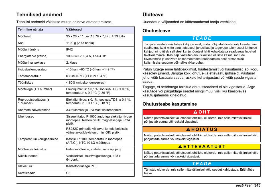 Kasutusjuhend, Tehnilised andmed, Üldteave | Ohutusteave, Ohutusteabe kasutamine, Eesti keel, Ohutusteabe kasutamine o h t | Hach-Lange SENSION+ EC71 User Manual | Page 345 / 362