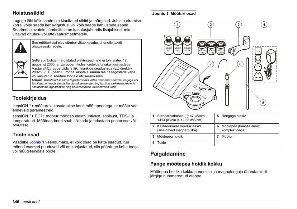 Hoiatussildid, Tootekirjeldus, Toote osad | Paigaldamine, Pange mõõtepea hoidik kokku | Hach-Lange SENSION+ EC71 User Manual | Page 346 / 362