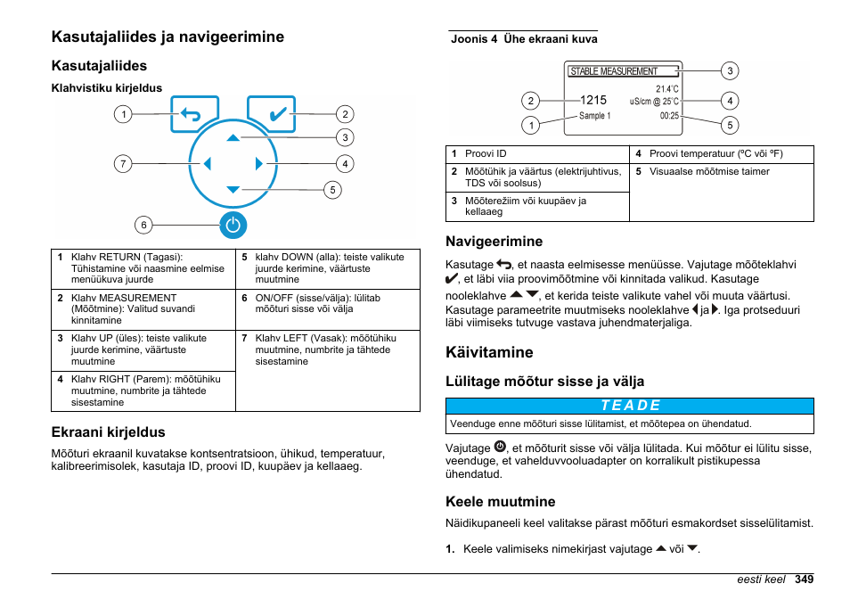 Kasutajaliides ja navigeerimine, Kasutajaliides, Ekraani kirjeldus | Navigeerimine, Käivitamine, Lülitage mõõtur sisse ja välja, Keele muutmine | Hach-Lange SENSION+ EC71 User Manual | Page 349 / 362