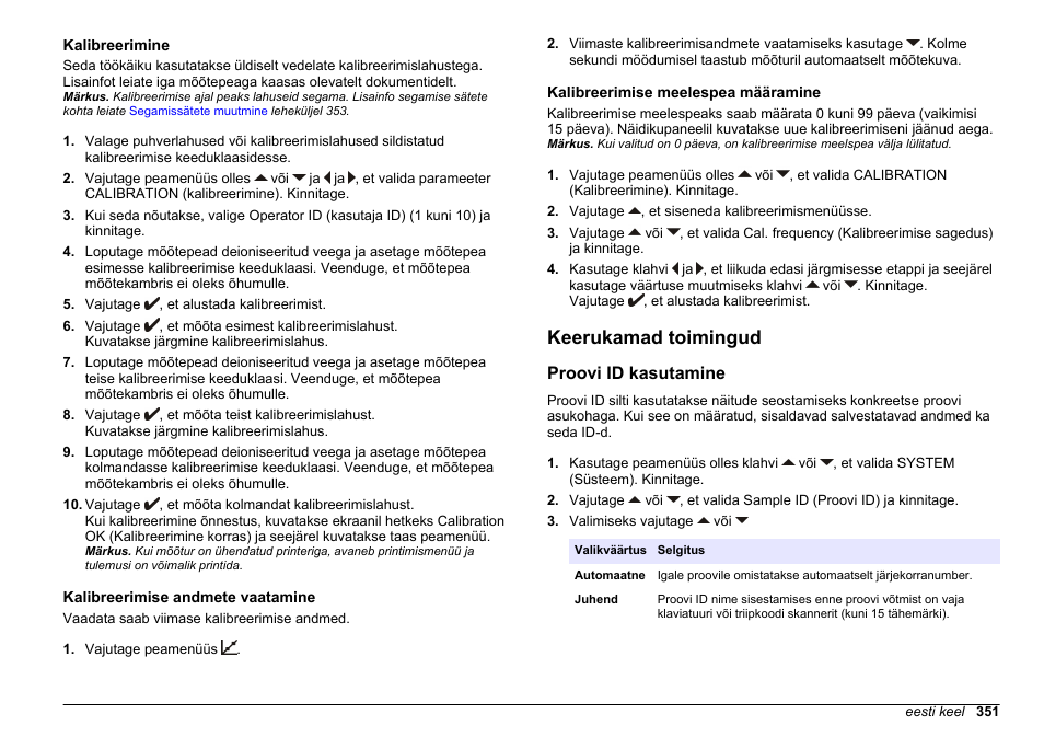 Kalibreerimine, Kalibreerimise andmete vaatamine, Kalibreerimise meelespea määramine | Keerukamad toimingud, Proovi id kasutamine, Aega. vaadake täpsema teabe saamiseks, Kalibreerimise, Meelespea määramine | Hach-Lange SENSION+ EC71 User Manual | Page 351 / 362