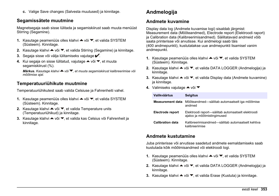 Segamissätete muutmine, Temperatuuriühikute muutmine, Andmelogija | Andmete kuvamine, Andmete kustutamine | Hach-Lange SENSION+ EC71 User Manual | Page 353 / 362
