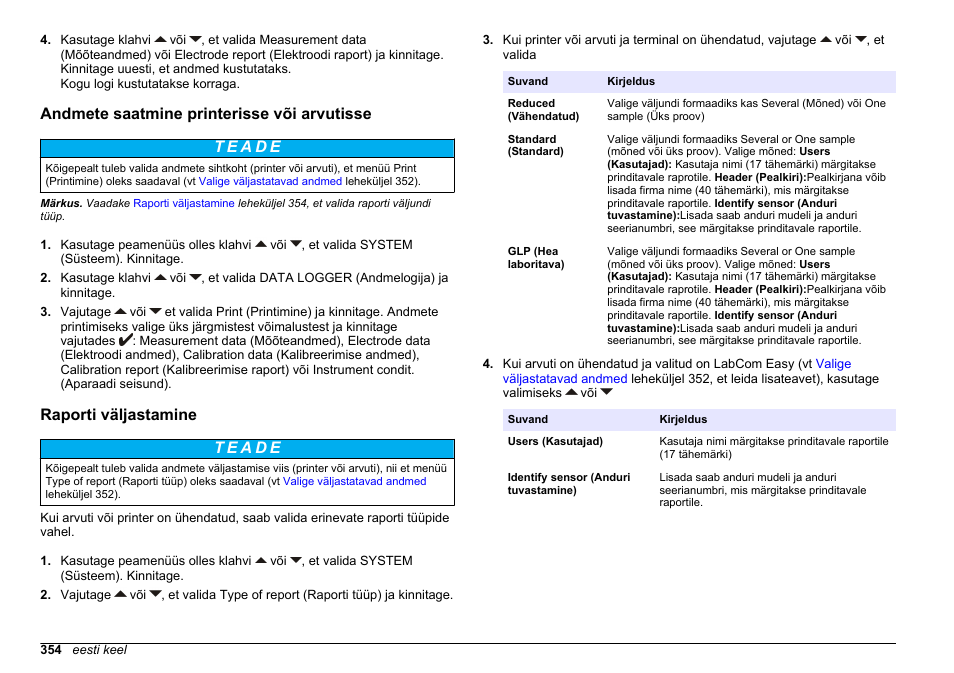Andmete saatmine printerisse või arvutisse, Raporti väljastamine | Hach-Lange SENSION+ EC71 User Manual | Page 354 / 362
