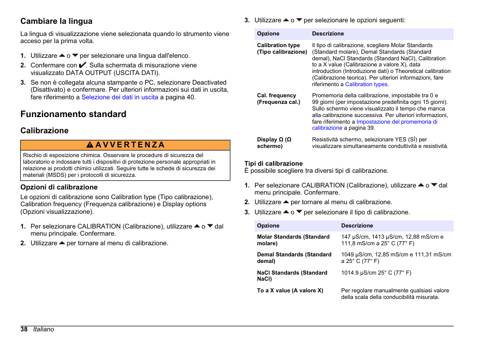 Cambiare la lingua, Funzionamento standard, Calibrazione | Opzioni di calibrazione, Tipi di calibrazione | Hach-Lange SENSION+ EC71 User Manual | Page 38 / 362