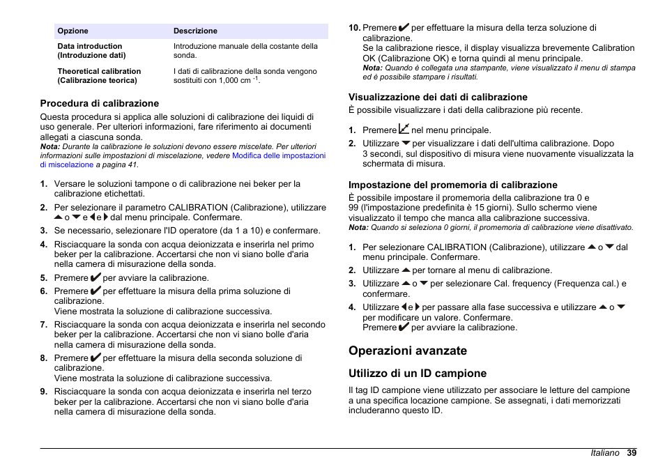 Procedura di calibrazione, Visualizzazione dei dati di calibrazione, Impostazione del promemoria di calibrazione | Operazioni avanzate, Utilizzo di un id campione, Impostazione del promemoria di, Calibrazione | Hach-Lange SENSION+ EC71 User Manual | Page 39 / 362