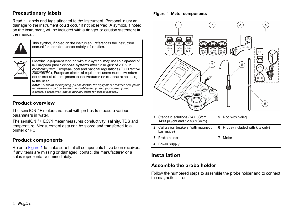 Precautionary labels, Product overview, Product components | Installation, Assemble the probe holder | Hach-Lange SENSION+ EC71 User Manual | Page 4 / 362