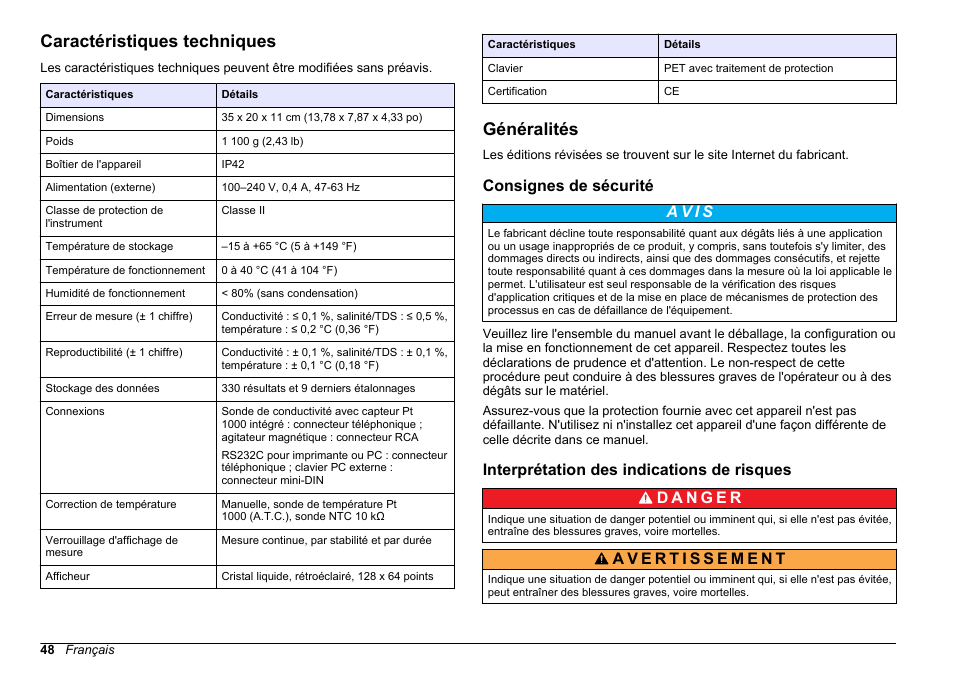 Manuel d'utilisation, Caractéristiques techniques, Généralités | Consignes de sécurité, Interprétation des indications de risques, Français | Hach-Lange SENSION+ EC71 User Manual | Page 48 / 362