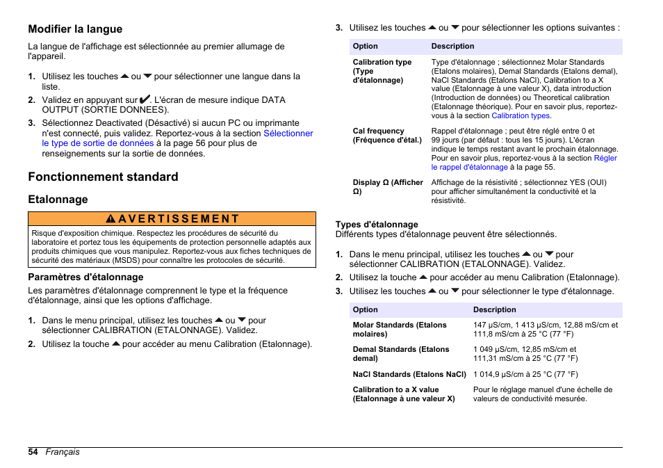 Modifier la langue, Fonctionnement standard, Etalonnage | Paramètres d'étalonnage, Types d'étalonnage | Hach-Lange SENSION+ EC71 User Manual | Page 54 / 362