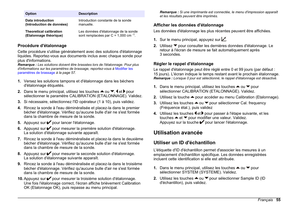 Procédure d'étalonnage, Afficher les données d'étalonnage, Régler le rappel d'étalonnage | Utilisation avancée, Utiliser un id d'échantillon, Pour en savoir plus, reportez-vous à la section, Régler, Le rappel d'étalonnage | Hach-Lange SENSION+ EC71 User Manual | Page 55 / 362
