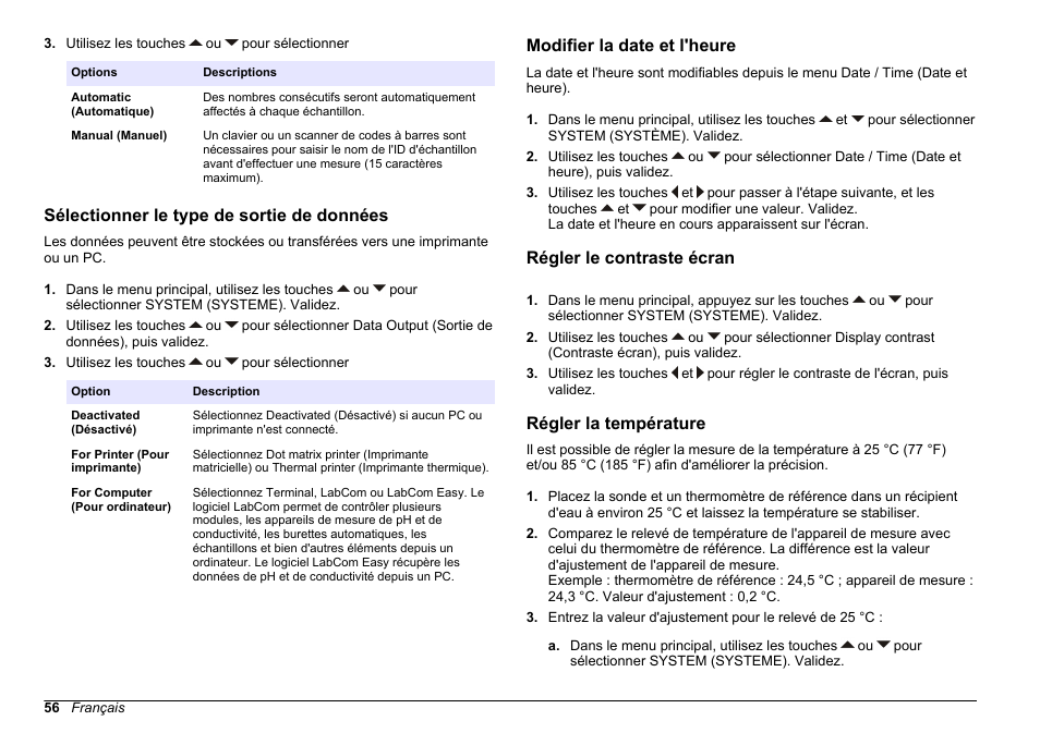 Sélectionner le type de sortie de données, Modifier la date et l'heure, Régler le contraste écran | Régler la température, Sélectionner, Le type de sortie de données | Hach-Lange SENSION+ EC71 User Manual | Page 56 / 362