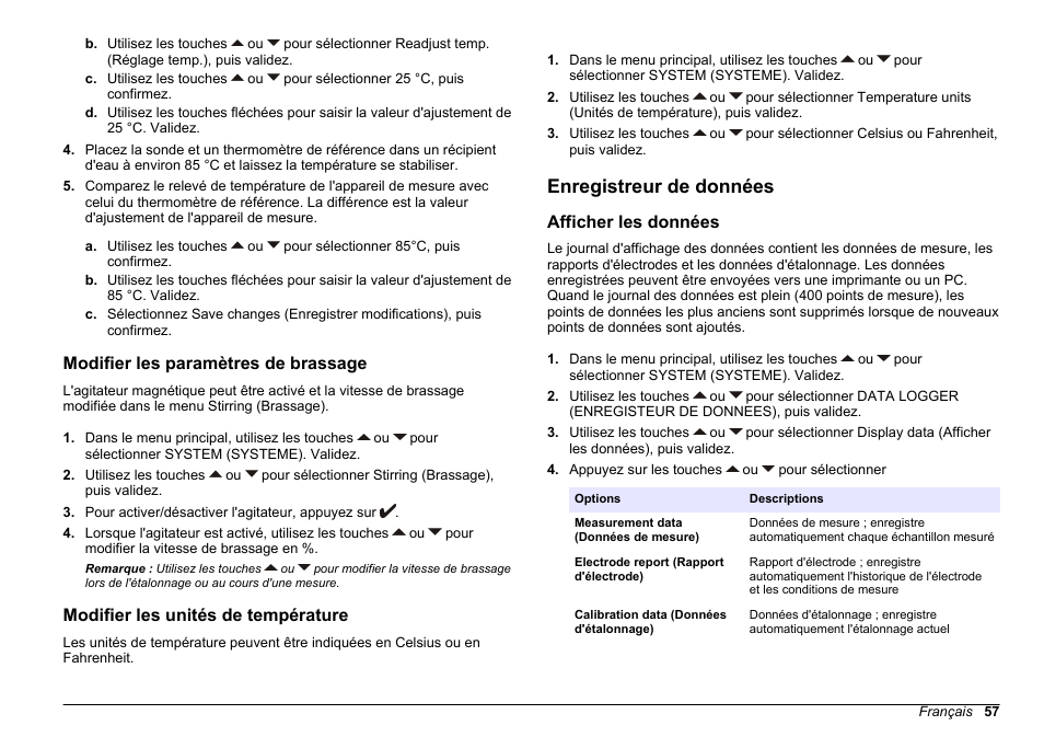 Modifier les paramètres de brassage, Modifier les unités de température, Enregistreur de données | Afficher les données | Hach-Lange SENSION+ EC71 User Manual | Page 57 / 362