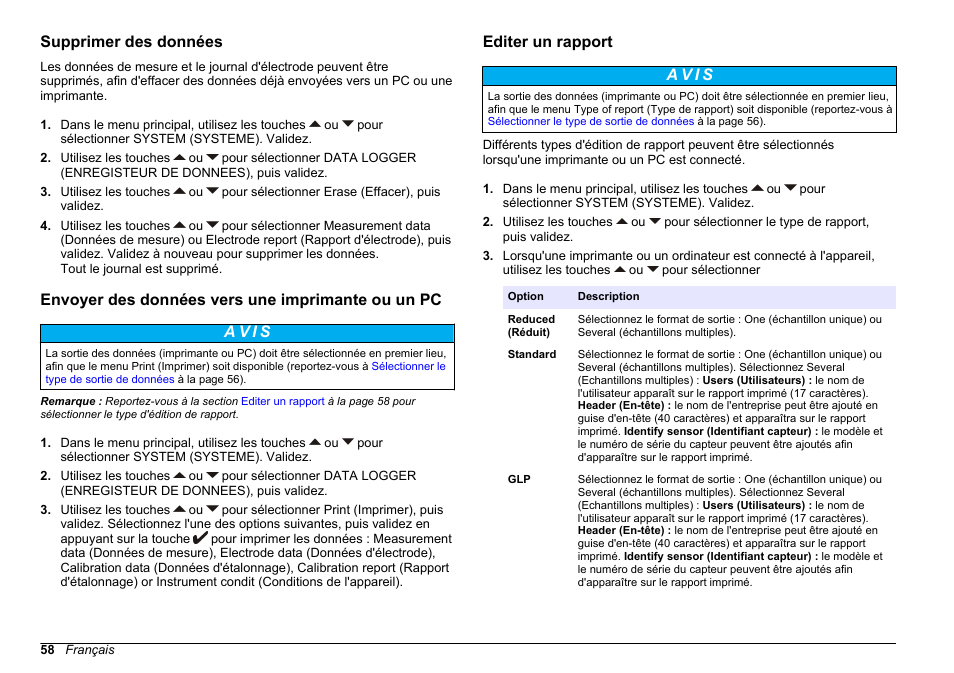 Supprimer des données, Envoyer des données vers une imprimante ou un pc, Editer un rapport | Hach-Lange SENSION+ EC71 User Manual | Page 58 / 362