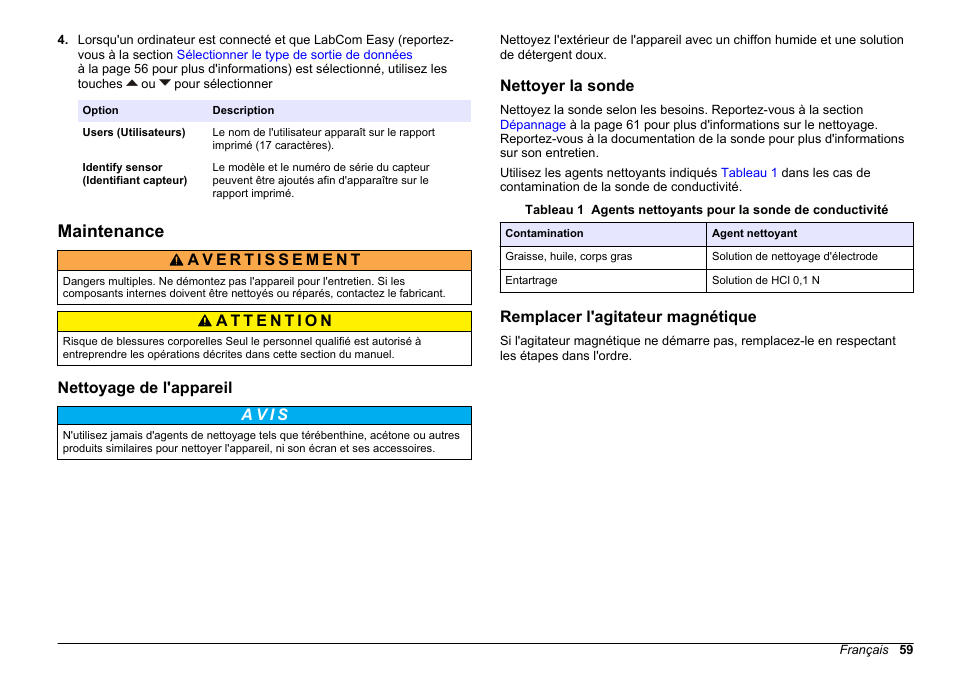Maintenance, Nettoyage de l'appareil, Nettoyer la sonde | Remplacer l'agitateur magnétique | Hach-Lange SENSION+ EC71 User Manual | Page 59 / 362