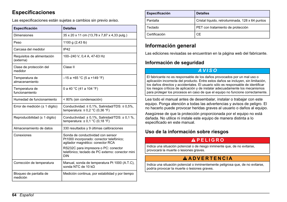 Manual del usuario, Especificaciones, Información general | Información de seguridad, Uso de la información sobre riesgos, Español | Hach-Lange SENSION+ EC71 User Manual | Page 64 / 362