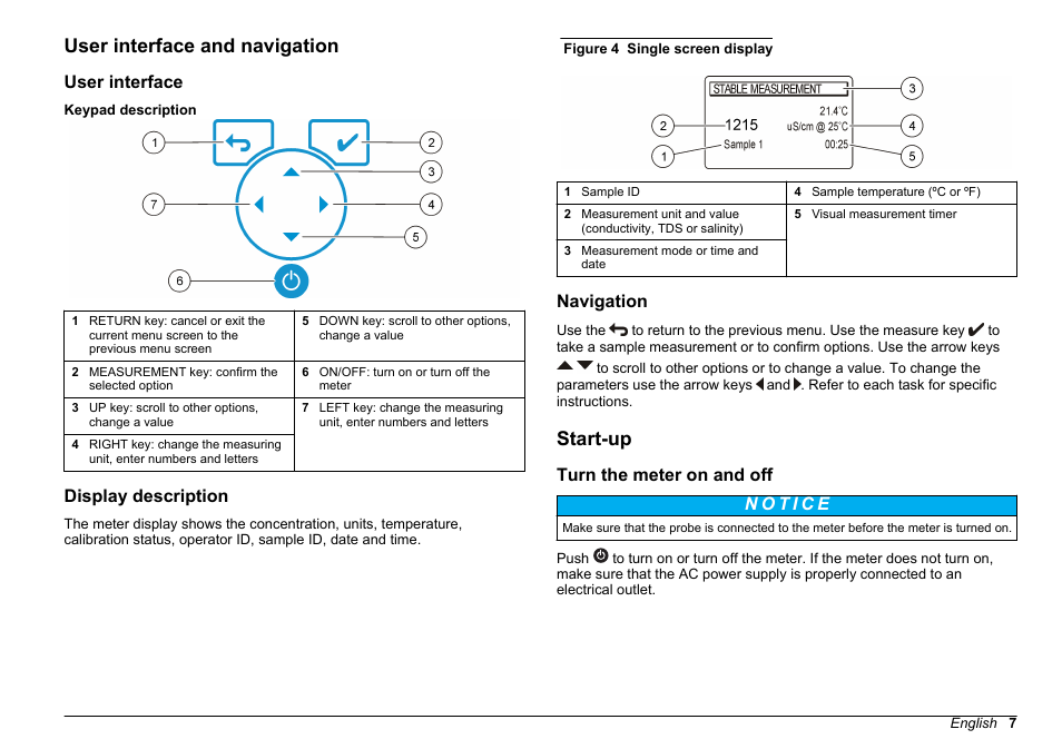 User interface and navigation, User interface, Display description | Navigation, Start-up, Turn the meter on and off | Hach-Lange SENSION+ EC71 User Manual | Page 7 / 362