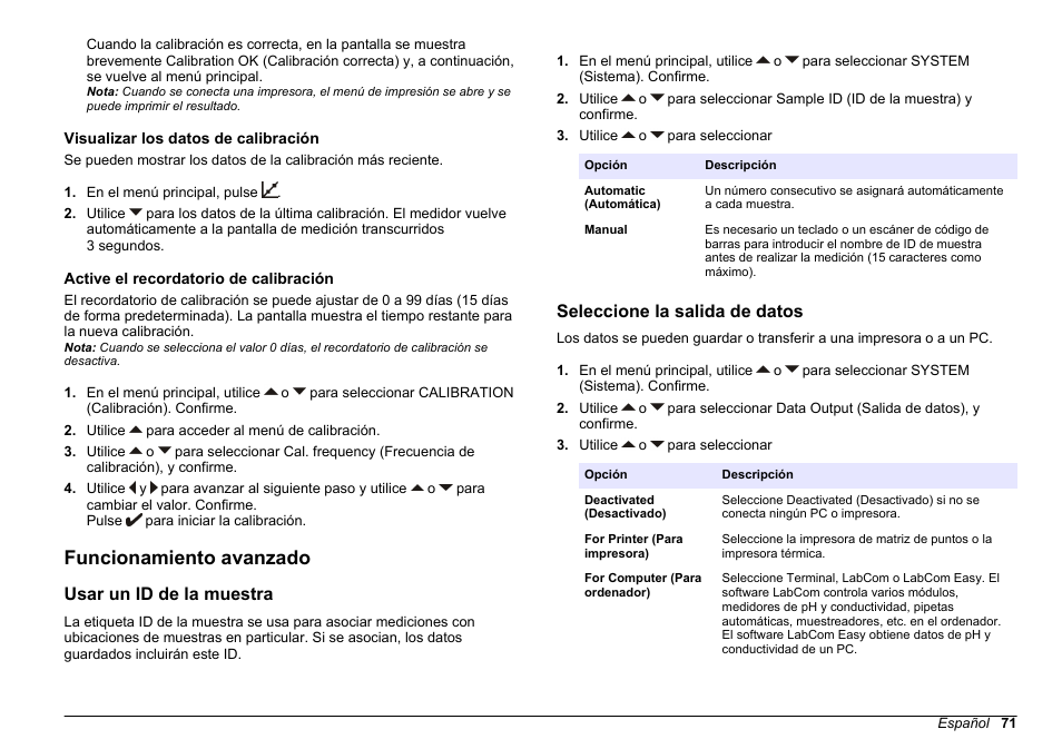 Visualizar los datos de calibración, Active el recordatorio de calibración, Funcionamiento avanzado | Usar un id de la muestra, Seleccione la salida de datos, Calibración. consulte, Active el recordatorio de, Calibración | Hach-Lange SENSION+ EC71 User Manual | Page 71 / 362