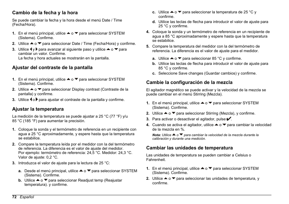 Cambio de la fecha y la hora, Ajustar del contraste de la pantalla, Ajustar la temperatura | Cambie la configuración de la mezcla, Cambiar las unidades de temperatura, Cambie la configuración de la, Mezcla | Hach-Lange SENSION+ EC71 User Manual | Page 72 / 362