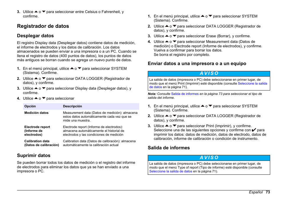 Registrador de datos, Desplegar datos, Suprimir datos | Enviar datos a una impresora o a un equipo, Salida de informes | Hach-Lange SENSION+ EC71 User Manual | Page 73 / 362