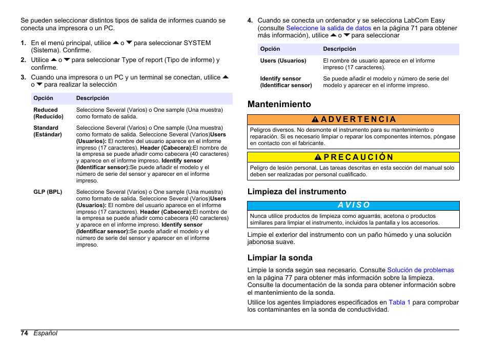Mantenimiento, Limpieza del instrumento, Limpiar la sonda | Hach-Lange SENSION+ EC71 User Manual | Page 74 / 362