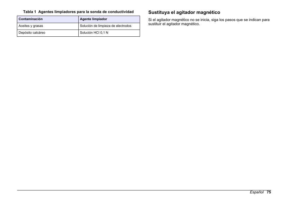 Sustituya el agitador magnético, Tabla 1, Para comprobar | Hach-Lange SENSION+ EC71 User Manual | Page 75 / 362