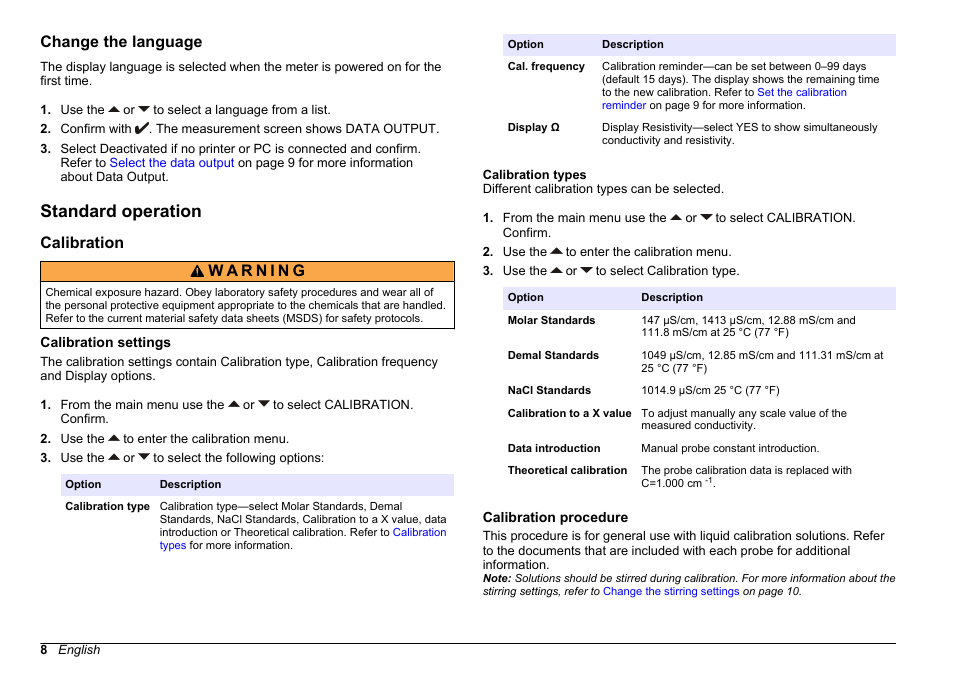 Change the language, Standard operation, Calibration | Calibration settings, Calibration types, Calibration procedure | Hach-Lange SENSION+ EC71 User Manual | Page 8 / 362