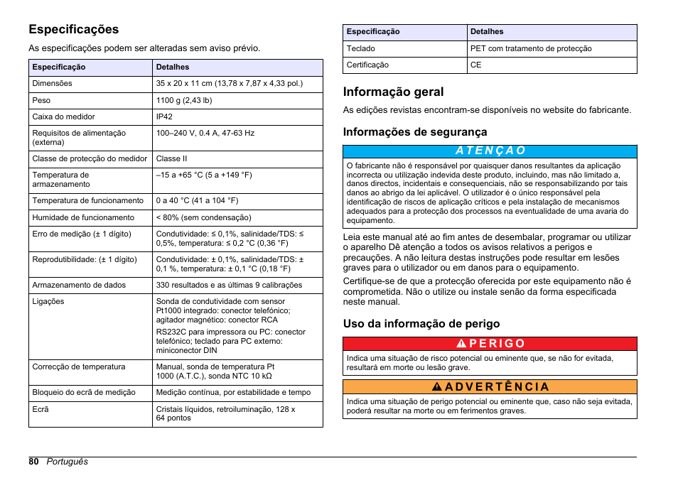 Manual do utilizador, Especificações, Informação geral | Informações de segurança, Uso da informação de perigo, Português | Hach-Lange SENSION+ EC71 User Manual | Page 80 / 362
