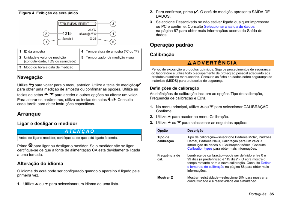 Navegação, Arranque, Ligar e desligar o medidor | Alteração do idioma, Operação padrão, Calibração, Definições de calibração | Hach-Lange SENSION+ EC71 User Manual | Page 85 / 362