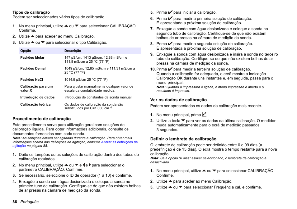 Tipos de calibração, Procedimento de calibração, Ver os dados de calibração | Definir o lembrete de calibração | Hach-Lange SENSION+ EC71 User Manual | Page 86 / 362