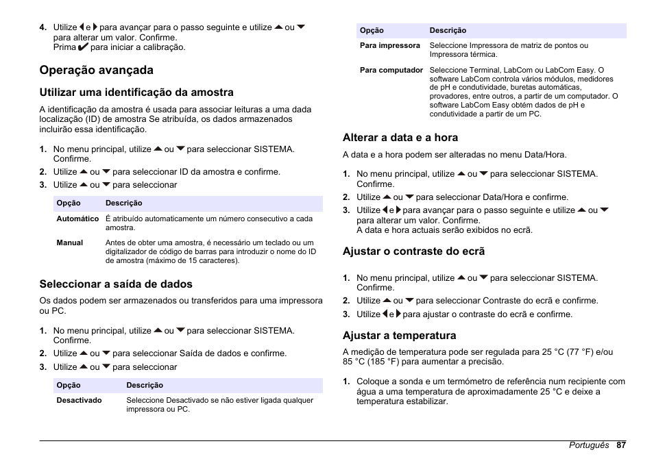 Operação avançada, Utilizar uma identificação da amostra, Seleccionar a saída de dados | Alterar a data e a hora, Ajustar o contraste do ecrã, Ajustar a temperatura | Hach-Lange SENSION+ EC71 User Manual | Page 87 / 362