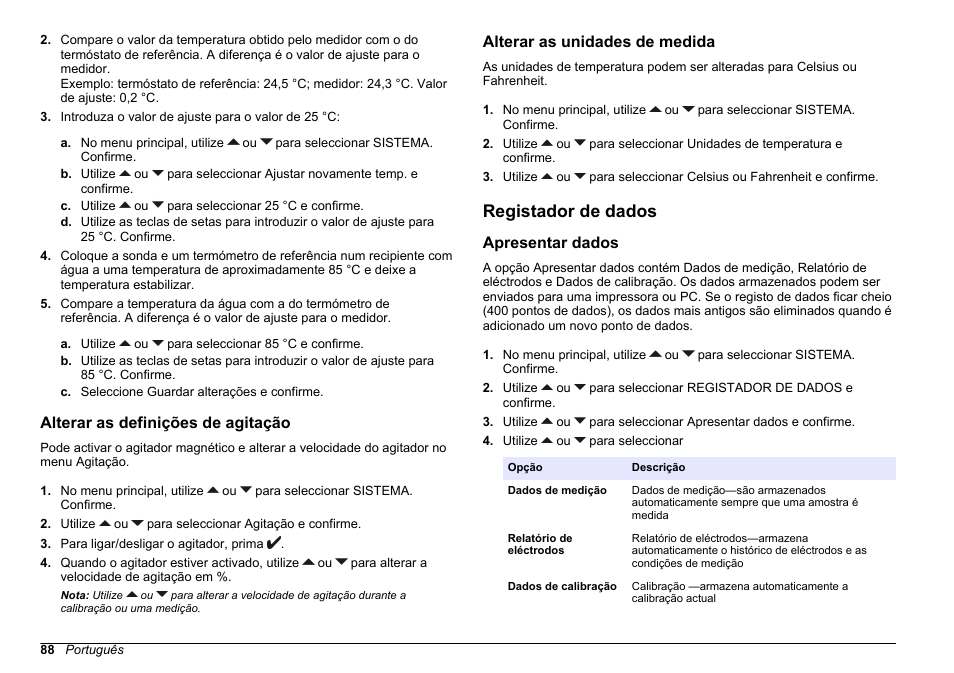 Alterar as definições de agitação, Alterar as unidades de medida, Registador de dados | Apresentar dados | Hach-Lange SENSION+ EC71 User Manual | Page 88 / 362