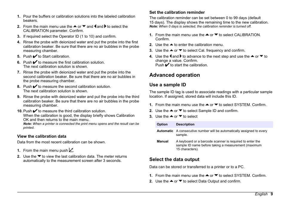 View the calibration data, Set the calibration reminder, Advanced operation | Use a sample id, Select the data output, Set the calibration, Reminder | Hach-Lange SENSION+ EC71 User Manual | Page 9 / 362