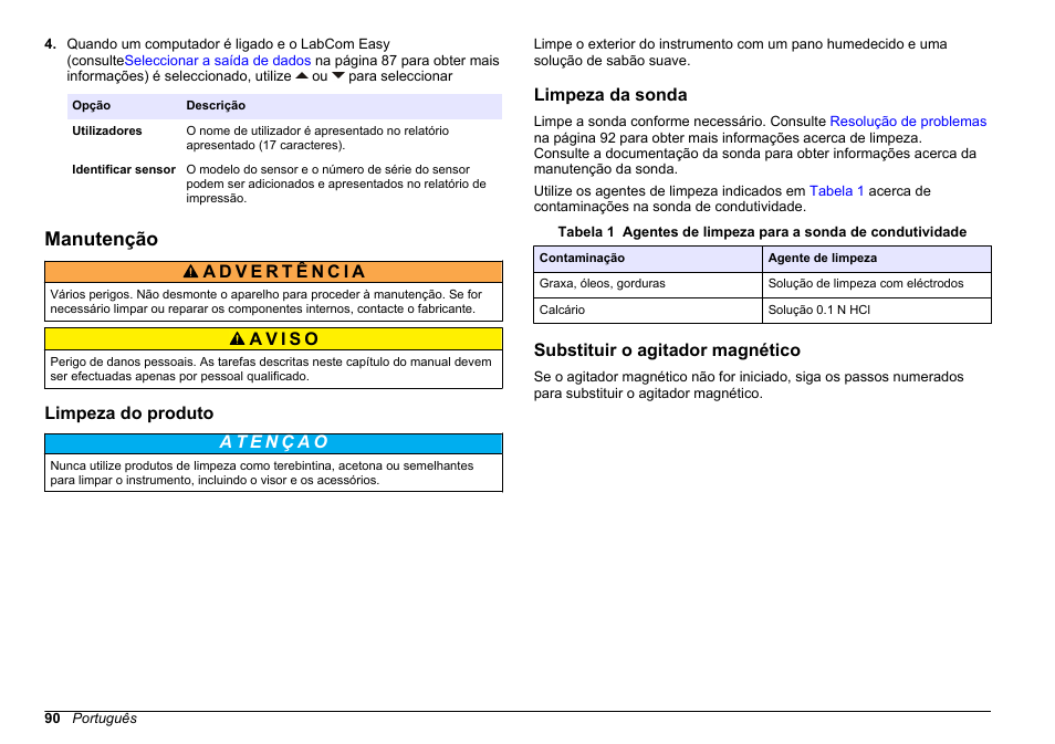 Manutenção, Limpeza do produto, Limpeza da sonda | Substituir o agitador magnético | Hach-Lange SENSION+ EC71 User Manual | Page 90 / 362