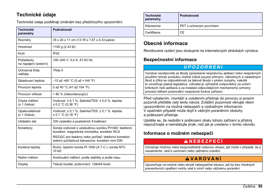 Uživatelská příručka, Technické údaje, Obecné informace | Bezpečnostní informace, Informace o možném nebezpečí, Čeština | Hach-Lange SENSION+ EC71 User Manual | Page 95 / 362
