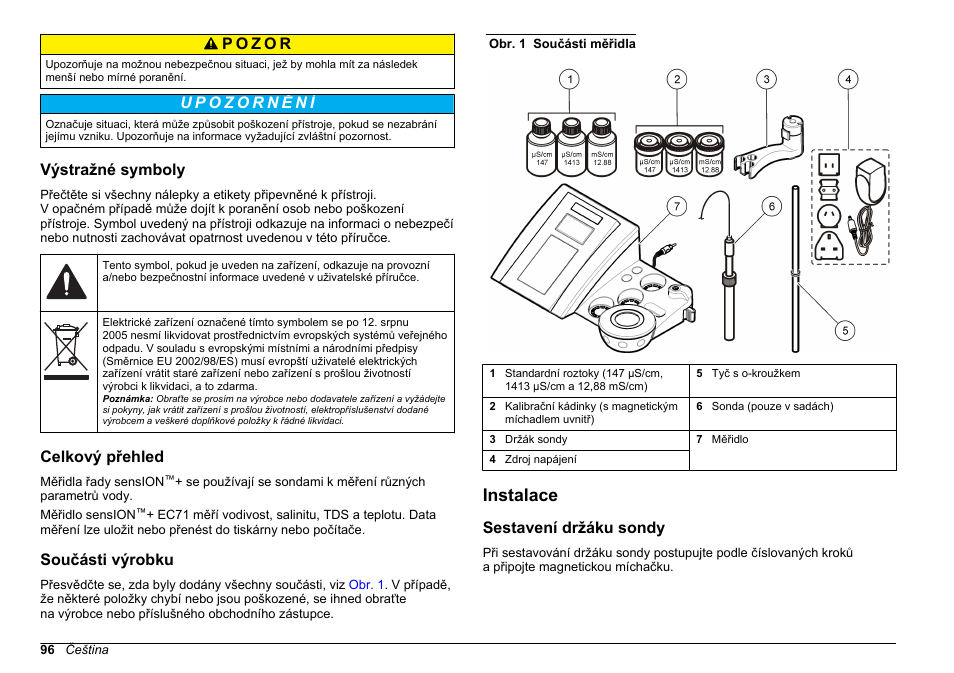 Výstražné symboly, Celkový přehled, Součásti výrobku | Instalace, Sestavení držáku sondy | Hach-Lange SENSION+ EC71 User Manual | Page 96 / 362