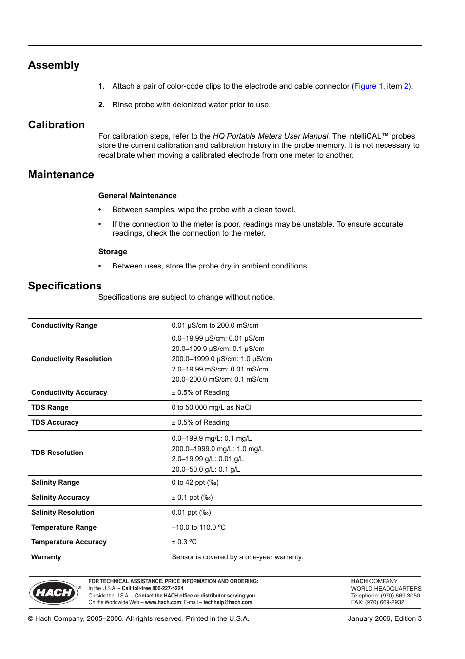 Assembly, Calibration, Maintenance | Specifications | Hach-Lange CDC401-03 Instruction Sheet User Manual | Page 2 / 2
