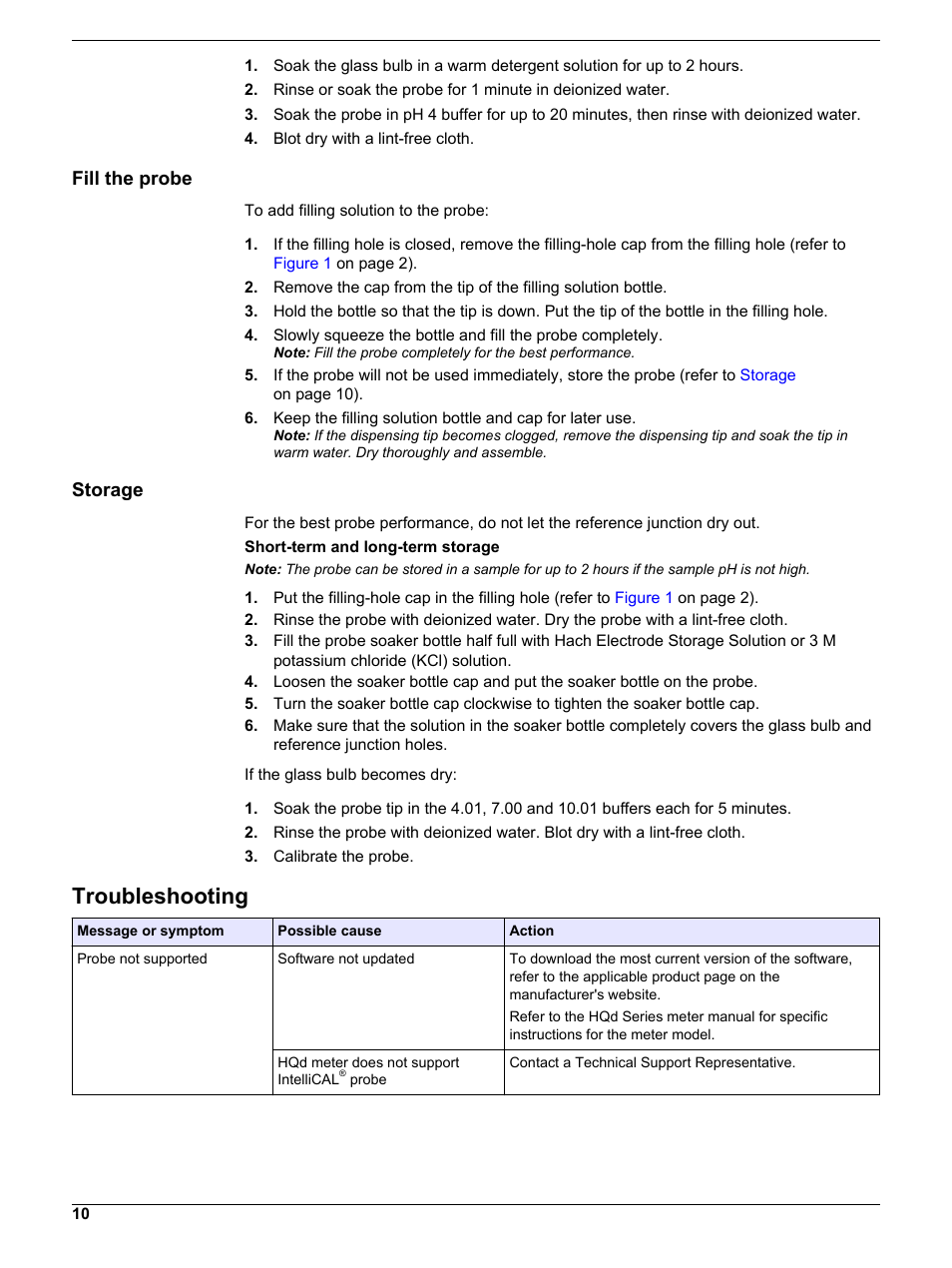 Fill the probe, Storage, Troubleshooting | If a calibration error occurs, refer to, If a measurement error occurs, refer to | Hach-Lange PHC30103 User Manual User Manual | Page 10 / 14
