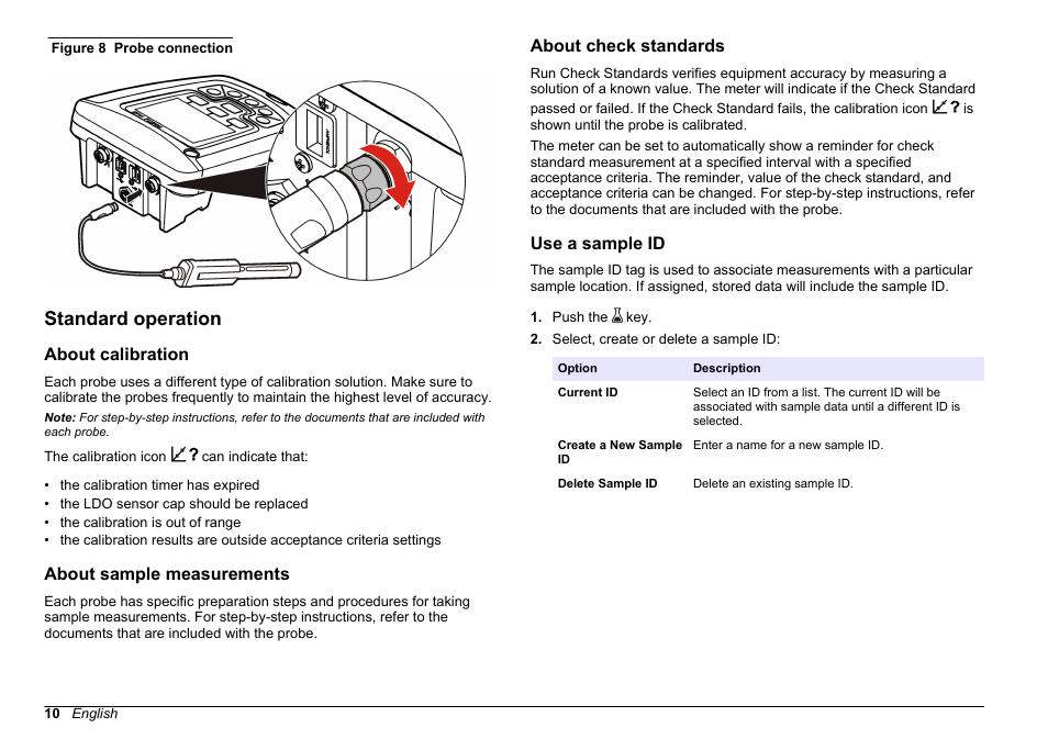 Standard operation, About calibration, About sample measurements | About check standards, Use a sample id | Hach-Lange HQ411D Basic User Manual User Manual | Page 10 / 324