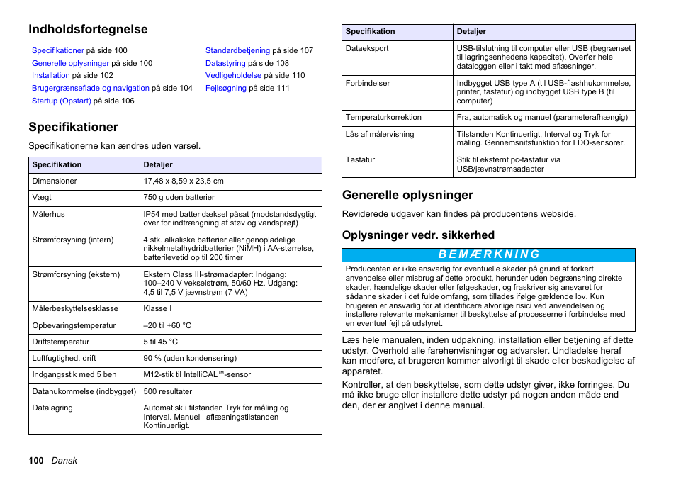Grundlæggende brugervejledning, Indholdsfortegnelse, Specifikationer | Generelle oplysninger, Oplysninger vedr. sikkerhed, Dansk | Hach-Lange HQ411D Basic User Manual User Manual | Page 100 / 324