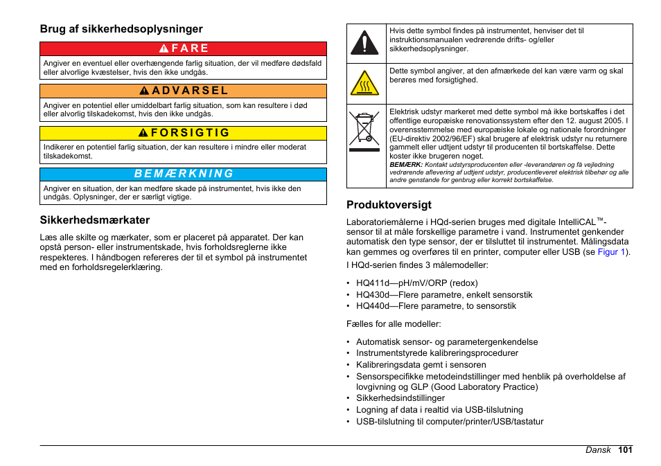 Brug af sikkerhedsoplysninger, Sikkerhedsmærkater, Produktoversigt | Hach-Lange HQ411D Basic User Manual User Manual | Page 101 / 324