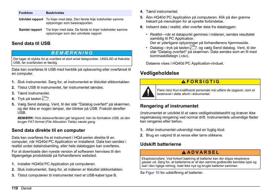 Send data til usb, Send data direkte til en computer, Vedligeholdelse | Rengøring af instrumentet, Udskift batterierne | Hach-Lange HQ411D Basic User Manual User Manual | Page 110 / 324