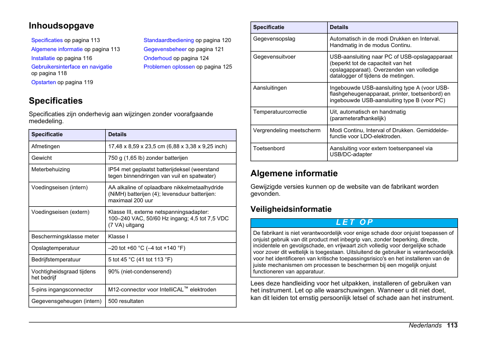 Basisgebruikershandleiding, Inhoudsopgave, Specificaties | Algemene informatie, Veiligheidsinformatie, Nederlands | Hach-Lange HQ411D Basic User Manual User Manual | Page 113 / 324