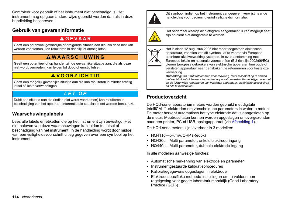 Gebruik van gevareninformatie, Waarschuwingslabels, Productoverzicht | Hach-Lange HQ411D Basic User Manual User Manual | Page 114 / 324