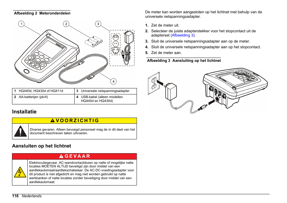 Installatie, Aansluiten op het lichtnet | Hach-Lange HQ411D Basic User Manual User Manual | Page 116 / 324