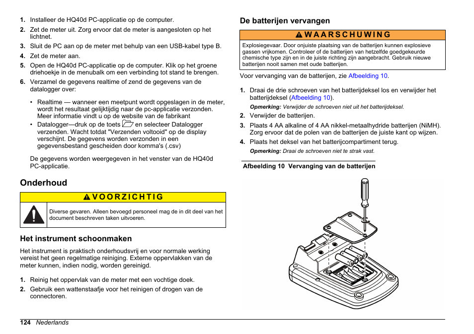 Onderhoud, Het instrument schoonmaken, De batterijen vervangen | Hach-Lange HQ411D Basic User Manual User Manual | Page 124 / 324