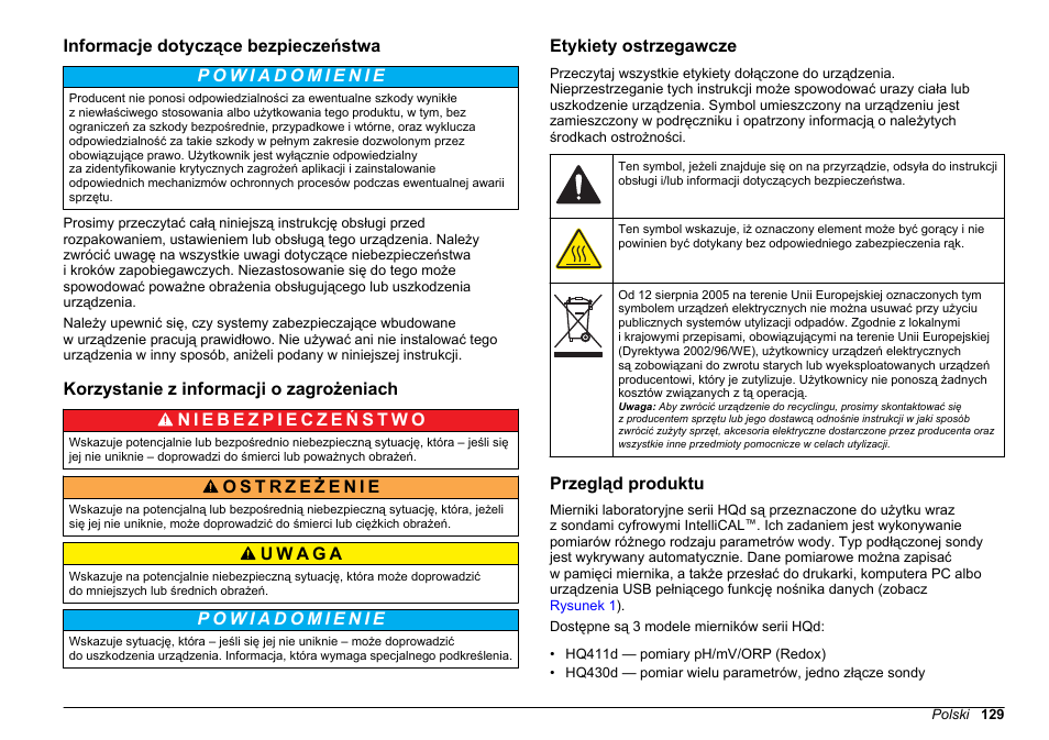 Informacje dotyczące bezpieczeństwa, Korzystanie z informacji o zagrożeniach, Etykiety ostrzegawcze | Przegląd produktu | Hach-Lange HQ411D Basic User Manual User Manual | Page 129 / 324