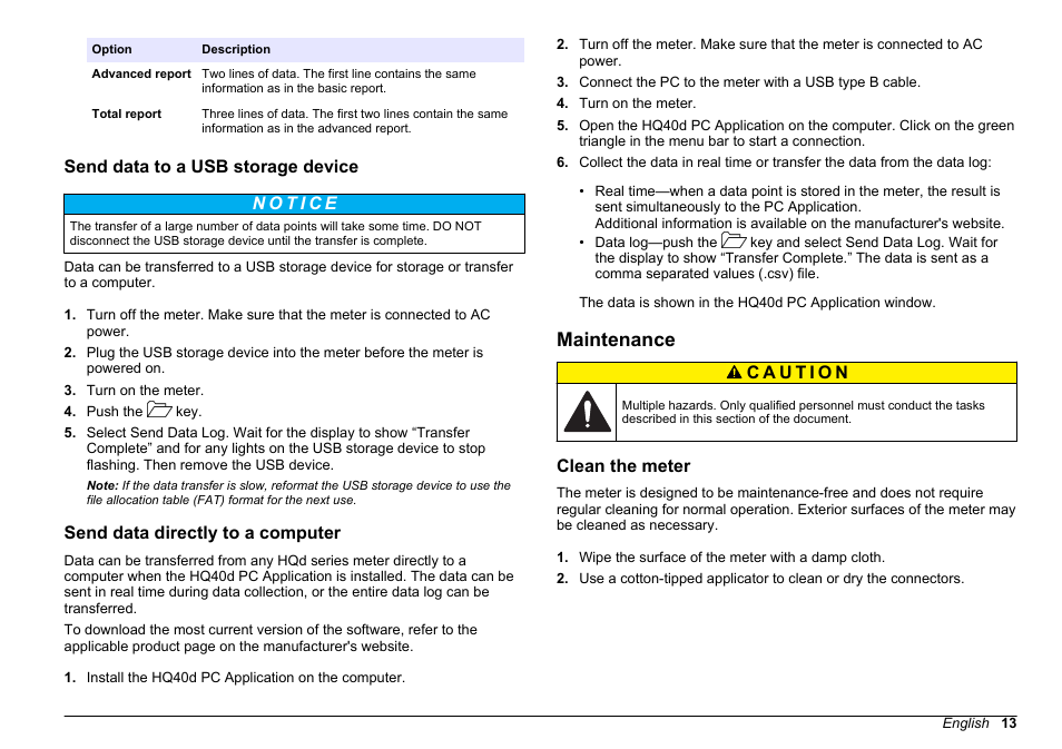 Send data to a usb storage device, Send data directly to a computer, Maintenance | Clean the meter | Hach-Lange HQ411D Basic User Manual User Manual | Page 13 / 324