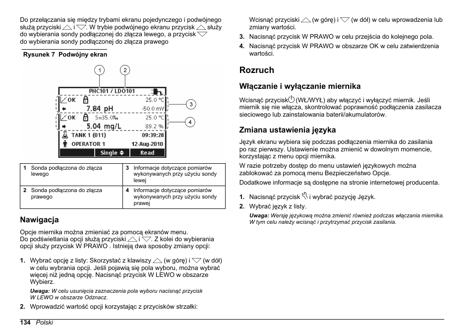 Nawigacja, Rozruch, Włączanie i wyłączanie miernika | Zmiana ustawienia języka | Hach-Lange HQ411D Basic User Manual User Manual | Page 134 / 324