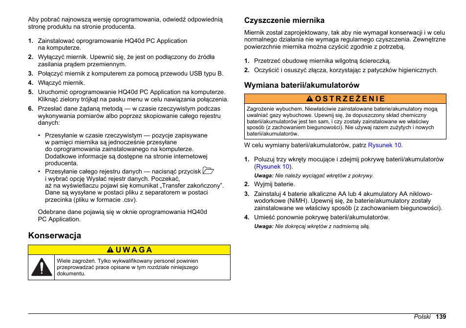 Konserwacja, Czyszczenie miernika, Wymiana baterii/‍akumulatorów | Na stronie 139 | Hach-Lange HQ411D Basic User Manual User Manual | Page 139 / 324