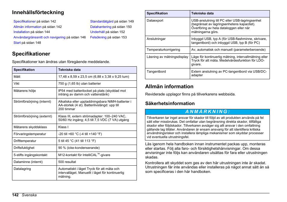 Grundläggande bruksanvisning, Innehållsförteckning, Specifikationer | Allmän information, Säkerhetsinformation, Svenska | Hach-Lange HQ411D Basic User Manual User Manual | Page 142 / 324