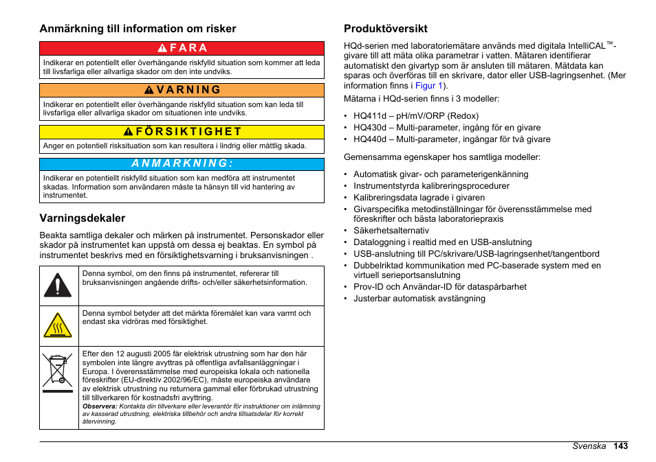 Anmärkning till information om risker, Varningsdekaler, Produktöversikt | Hach-Lange HQ411D Basic User Manual User Manual | Page 143 / 324